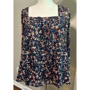 Boden Ditsy Floral Black Top Size 10 Long Sleeve Square Neck Peasant Boho